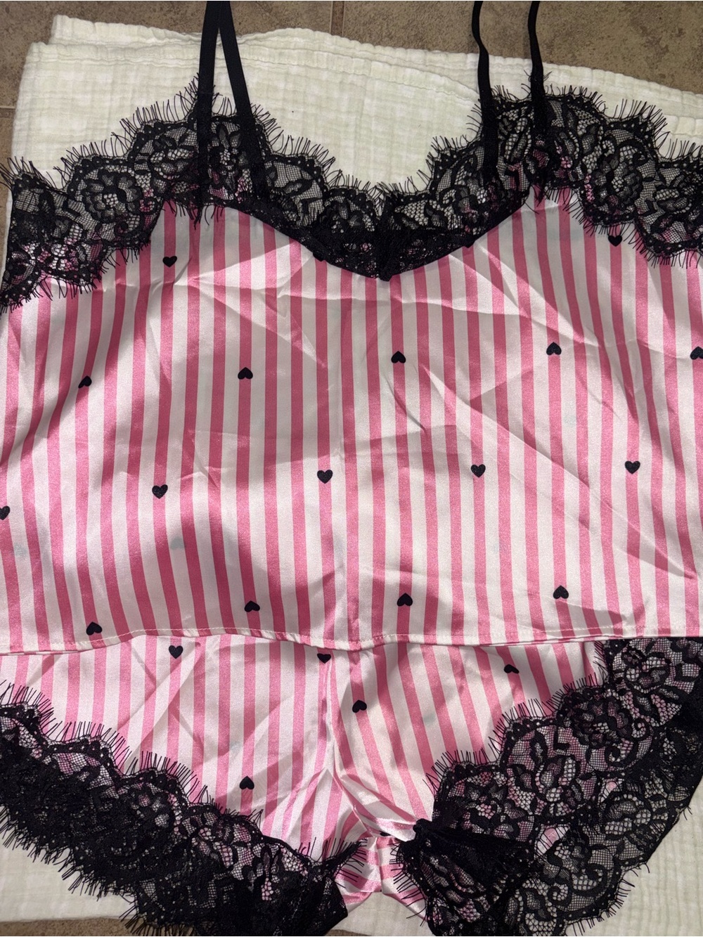 No Boundaries Pink & Black Striped Lace-Trim Cami and Shorts Set